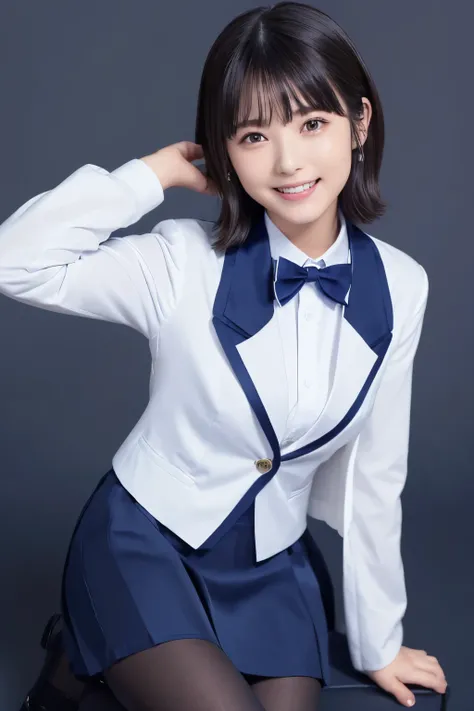 highest image quality taken by Ki、HDR、Navy blue vest、((Long tight skirt that hides the knee in plain navy blue ))、White blouse、((navy blue plain large bow tie))、((( Black Pantyhose )))、(( black loafers))、((A picture of a standing figure up to the knee))、 ...