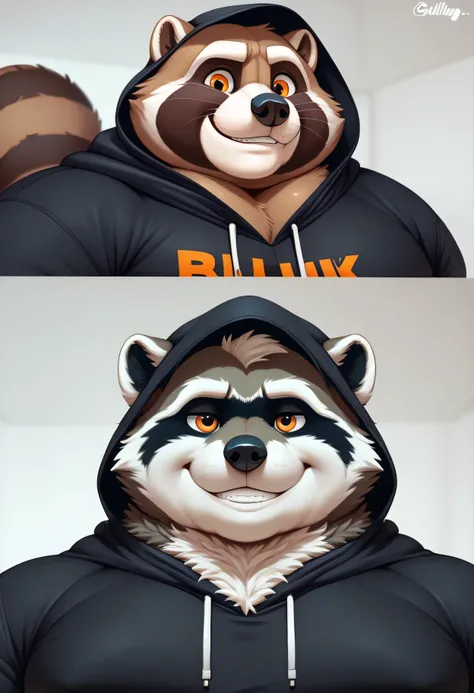 overweight raccoon, (((raccoon))), procyonid, furry, (morbidly obese, fat, excess fat), ((gray fur)), (big eyes, orange eyes), male, long snout, wide snout, black nose, (((focus on face))), ((massively fat)), ((massively fat pecs, bulging pecs)), ((extreme...