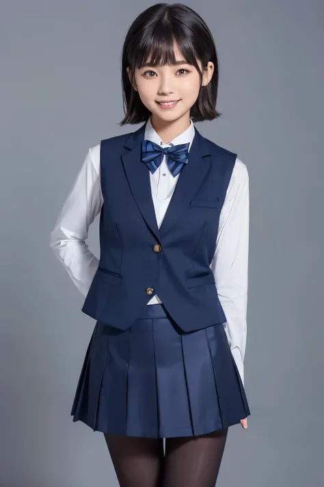 highest image quality taken by Ki、HDR、Navy blue vest、((Long tight skirt that hides the knee in plain navy blue ))、White blouse、((navy blue plain large bow tie))、((( Black Pantyhose )))、(( black loafers))、((Standing figure up to the knee ))、 cute high scho...