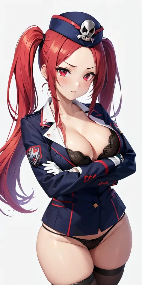 1 Female,High definition,high resolution,Ultra-realistic,8K, 1girl, solo, red hair, red eyes, twintails, employee uniform, black thong, skull print, navy cap, fang, white gloves, large breasts,European,sexy,Upper body close-up,Photographed from the front,D...