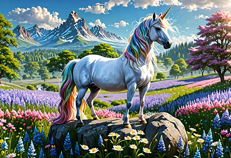 A unicorn is standing on a rock in a field of flowers,  beautiful digital art work, 4k  EXQUISITE DIGITAL ART,  8K high quality detailed art , BEAUTIFUL 4K ART ,  beautiful digital art , very  beautiful digital art ,  EXQUISITE DIGITAL ART, 美しいデジタルペインティング,...