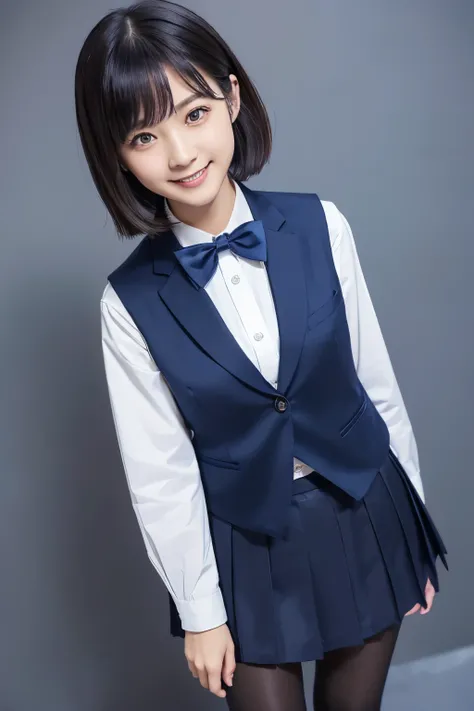 highest image quality taken by Ki、HDR、((Navy blue vest))、((Long tight skirt that hides the knee in plain navy blue ))、White blouse、((navy blue plain large bow tie))、((( Black Pantyhose )))、(( black loafers))、((Standing figure up to the knee ))、 cute high ...