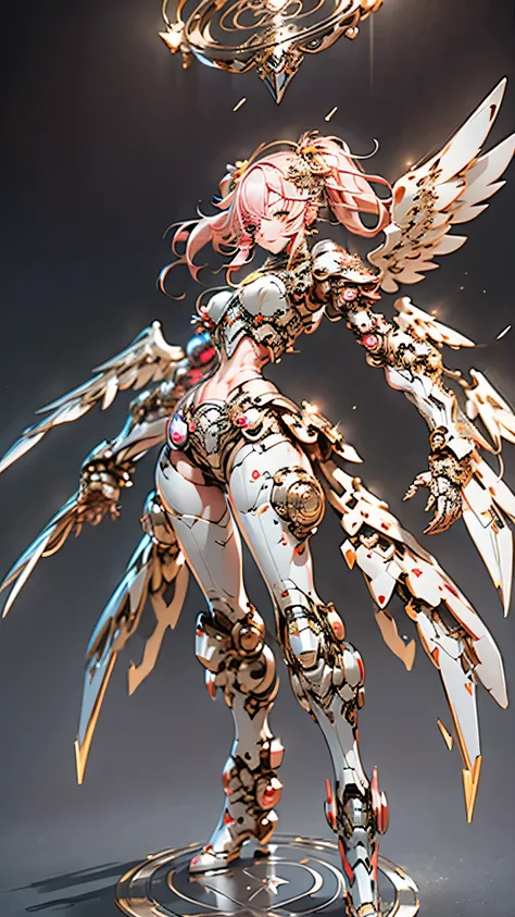 (Full body shot:1.4),(Wide Angle Shot), (Intricate details:1.4), (Masterpiece) , ((Anime Robot, Beautiful White Skin Golem, Angel, 1boy, Magic)), (Perfect Aesthetic Eyes:1.3) , (Detailed Eyes) , (Halo) , (Elden ring:1.4), (Wings:1.3), Glowing, Twintails Ha...