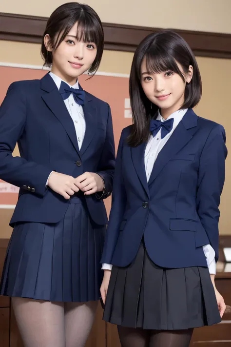highest image quality taken by Ki、HDR、(( navy blue jacket ))、((Long tight skirt that hides the knee in plain navy blue ))、White blouse、((navy blue plain large bow tie))、((( Black Pantyhose )))、(( black loafers))、((Standing figure up to the knee ))、 cute h...