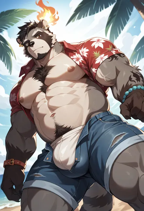 Cartoon style, 2d, single, dynamic angle, close up, male, muscular man, raccoon, grey body, big man, large pecs, hairy, Bara, abs, slightly chubby, muscular belly, soft shading, grey body, short hair, facial hair, thick beard, chest hair, abdominal hair, p...