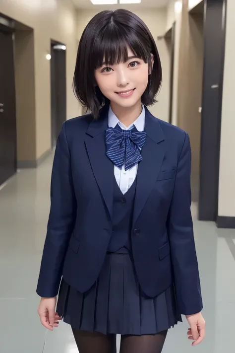 highest image quality taken by Ki、HDR、(( navy blue jacket ))、((Long tight skirt that hides the knee in plain navy blue ))、White blouse、((navy blue plain large bow tie))、((( Black Pantyhose )))、(( black loafers))、((Standing figure up to the knee ))、 cute h...