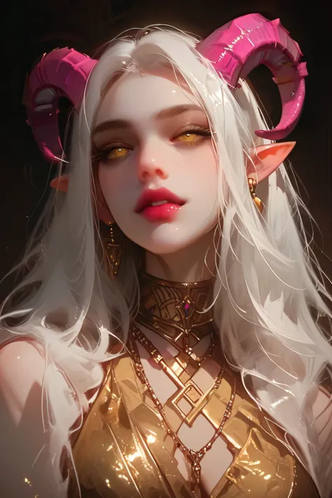 pink tiefling , 25 years old, yellow eyes, white hair, pink horns, wearing golden sorceress clothes , In a merchants stall, with its potions of life and poisons set in DnD,