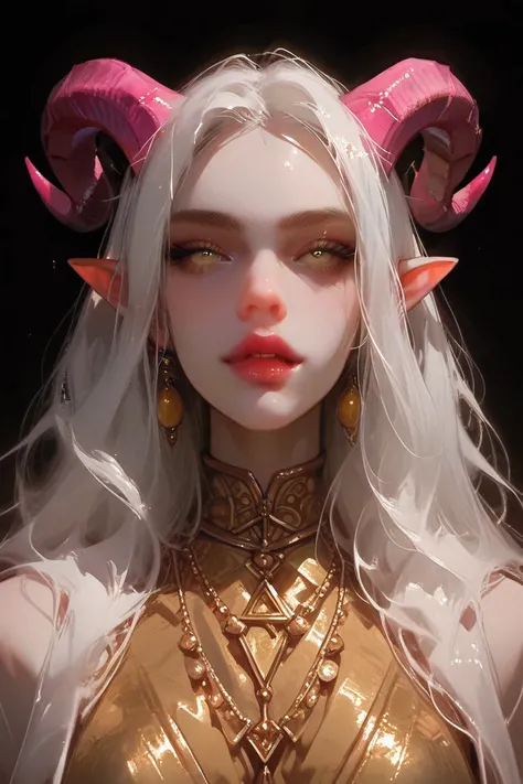 pink tiefling , 25 years old, yellow eyes, white hair, pink horns, wearing golden sorceress clothes , In a merchants stall, with its potions of life and poisons set in DnD,