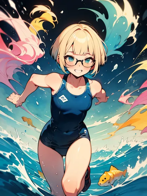 alone,(running away),  upperbody  ,blonde shot pixie cut,(blunt bangs),glasses,school swimsuit,Rainbow-colored ocean ,god々Shii, have sex appeal, absolute domain,smile,Embarrassed Shii expression,blush, top quality , Best Quality ,like a painting, watercolo...