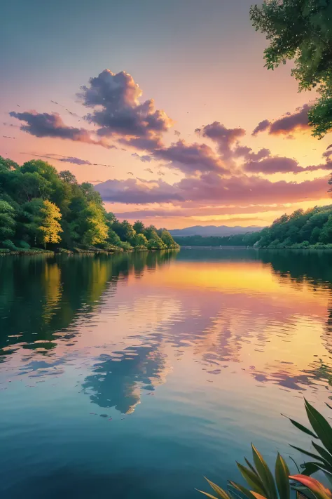 a beautiful morning landscape, a dramatic sunrise over a serene lake, sunlight glimmering on the water, lush green trees and foliage surrounding the lake, colorful sky with warm tones of orange, yellow and pink, a sense of tranquility and peacefulness, det...