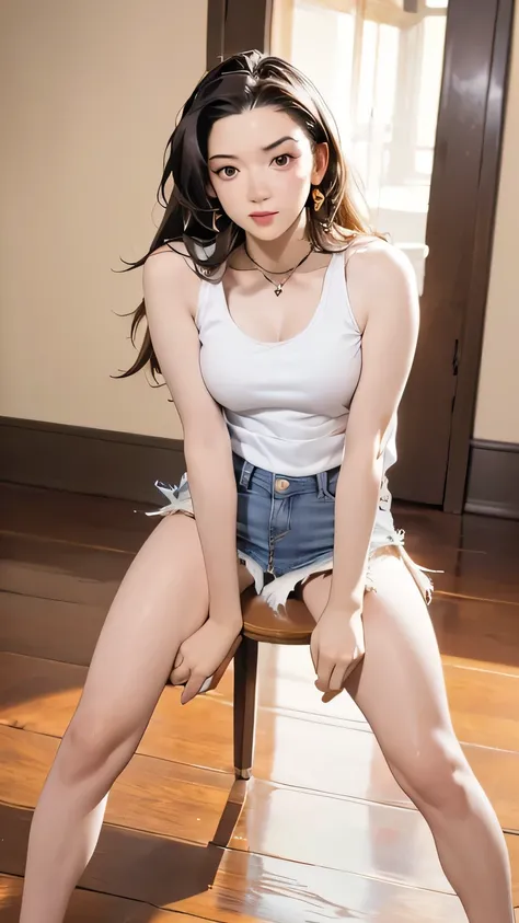  open shirt, ((( lean forward))), ((,Round face, around  , miniskirt、Tank top with loose chest )),   long hair, ,  natural cosmetics, ( firm and well-shaped C-cup breasts;1.5),  sexy gaze, barefoot, (( raise one leg)),  ( Outstanding style;1.5),  shooting ...