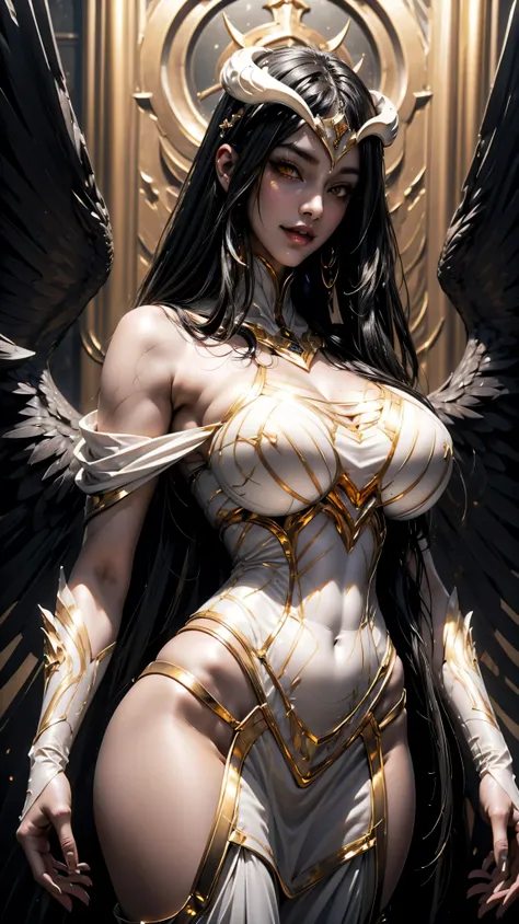 A (super realistic) beautiful sexy woman(albedo _overlord) with (beautiful glossy orange eyes) and white attire(detailed with perfect sharpness ) with gold jewellery on sexy breast, beautiful  breast(perfect shape and size), black long beautiful hair, hype...
