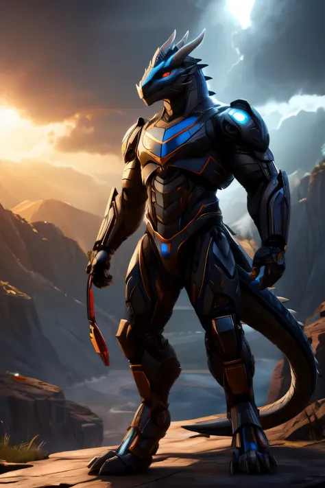 An advanced bionic mech, cybrog, anthro, dragon, male, full body, Muscle, Delicate face, Delicate eyes, 1 tail, (glowing LED), energy, digitigrade, outdoors, extremely detailed CG unity 8k wallpaper, realistic, masterpiece, highest quality, lens flare, unr...