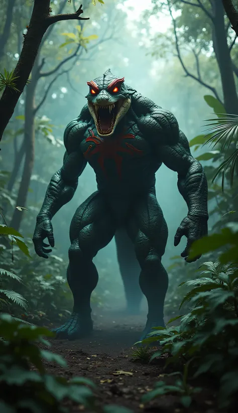 In a dense tropical rainforest, a powerful and menacing hybrid super creature stands amidst the shadows. This hybrid combines the sleek agility of a Spiderman-like humanoid with the sturdy, muscular physique and armored scales of a crocodile with the color...