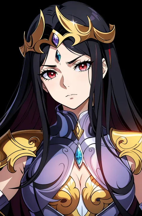 (high-quality, breathtaking),(expressive eyes, perfect face) 1girl, female, solo, adult woman, black color hair, red streaks in hair, crimson red eye color, long hair length, Symmetrical Eyes, portrait, halfbody, upper body, blank stare, gold shoulder pads...