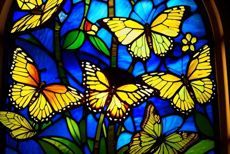 a close up of a  stained glass painted by Van Gogh  butterfly  with a flower, maxim verehin  stained glass painted by Van Gogh,  stained glass painted by Van Gogh style,  stained glass painted by Van Gogh art, glowing  stained glass painted by Van Gogh bac...