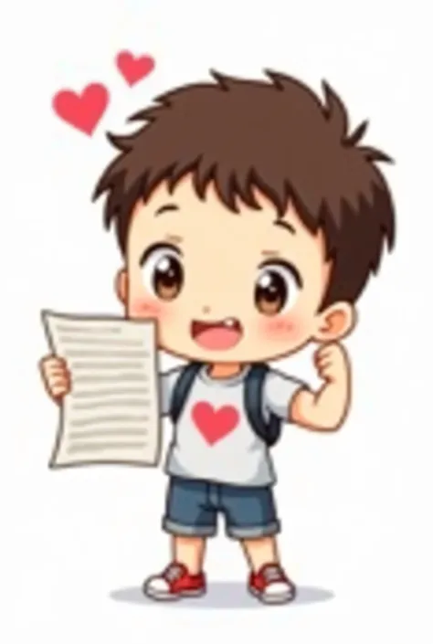 Generate an image of make a chibi valentine  boy holding a research paper flexing his biceps  with 4:3 aspect ratio. With plain white background