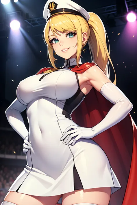 samus aran, ponytail, hair tie, glossy lips, earrings,glossy lips, light makeup,cape ,military uniform,white military hat,sleeveless, white skirt,white thigh-high boots, white elbow gloves, smile, looking at viewer, on stage,hands on hips