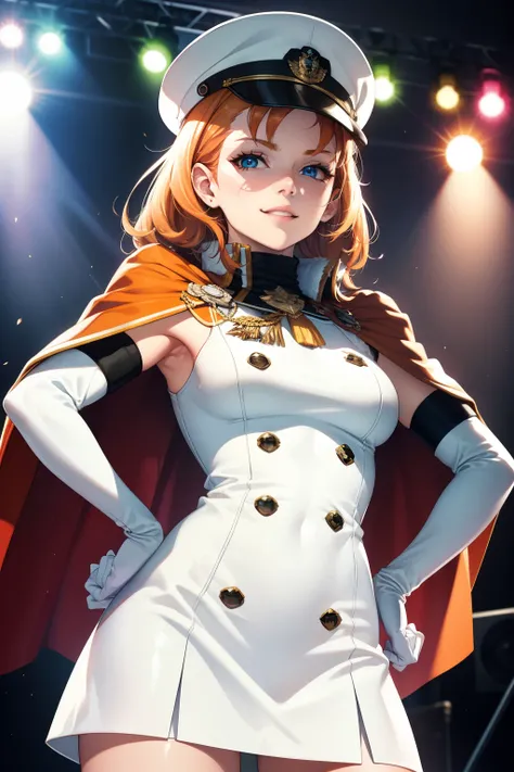 annette_war,orange hair,blue eyes ,glossy lips, light makeup,cape ,military uniform,white military hat,sleeveless, white skirt,white thigh-high boots, white elbow gloves, evil smile, looking at viewer, on stage, hands on hips