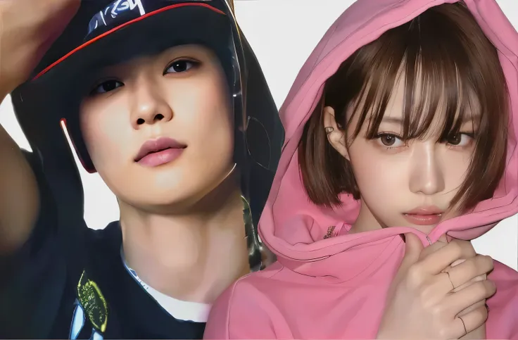 araffe and a woman in a pink hoodie and a man in a black shirt, Lalisa Manobal, masayoshi suto and artgerm, Jung Jaehyun, lalisa manoban of blackpink, blackpink jennie, ulzzang, ruan jia and artgerm, jossi of blackpink, e-girl, e - girl