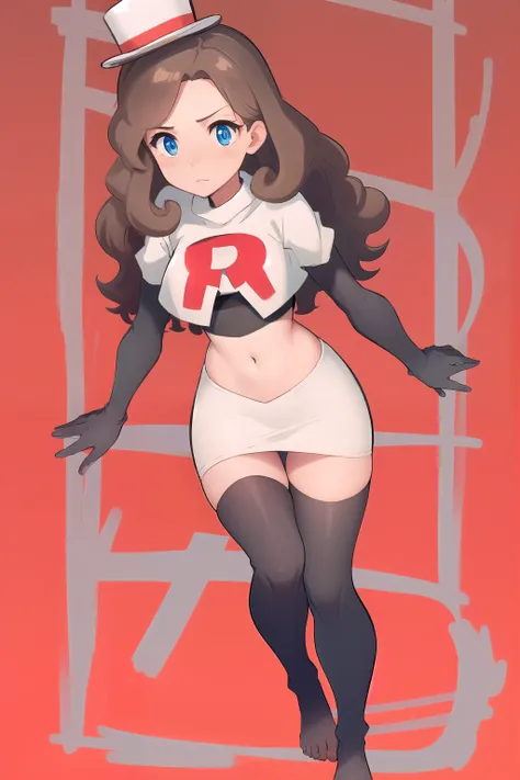 best quality, (masterpiece),(ultra-detailed), (high quality), (high resolution),  1girl, blue eyes, blush stickers, brown hair, curly hair, katrielle layton, long hair, makeup, simple background, solo, toes, top hat, team rocket,team rocket uniform,white s...