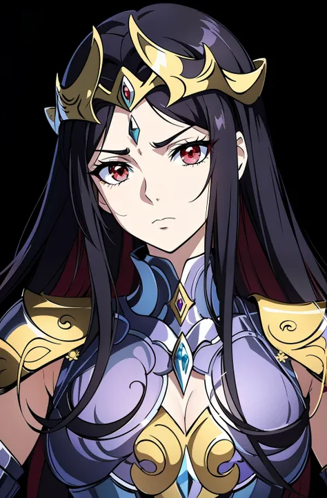 (high-quality, breathtaking),(expressive eyes, perfect face) 1girl, female, solo, adult woman, black color hair, red streaks in hair, crimson red eye color, long hair length, Symmetrical Eyes, portrait, halfbody, upper body, blank stare, gold shoulder pads...