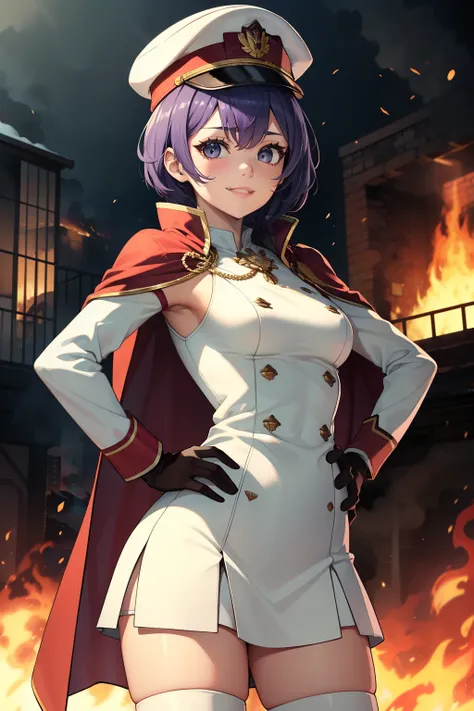 warBernie, grey eyes, purple hair ,glossy lips, light makeup,cape ,military uniform,white military hat,sleeveless, white skirt,white thigh-high boots, white elbow gloves, evil smile, looking at viewer, hands on hips,burning buildings in the background