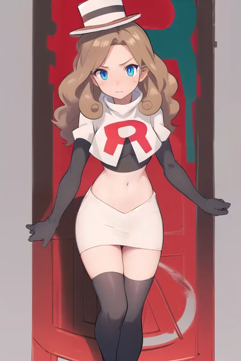 best quality, (masterpiece),(ultra-detailed), (high quality), (high resolution),  1girl, blue eyes, blush stickers, brown hair, curly hair, katrielle layton, long hair, makeup, simple background, solo, toes, top hat, team rocket,team rocket uniform,white s...