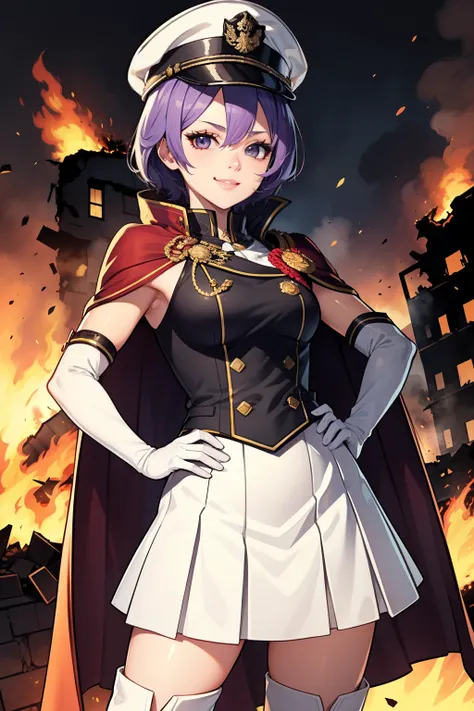 warBernie, grey eyes, purple hair ,glossy lips, light makeup,cape ,military uniform,white military hat,sleeveless, white skirt,white thigh-high boots, white elbow gloves, evil smile, looking at viewer, hands on hips,burning buildings in the background