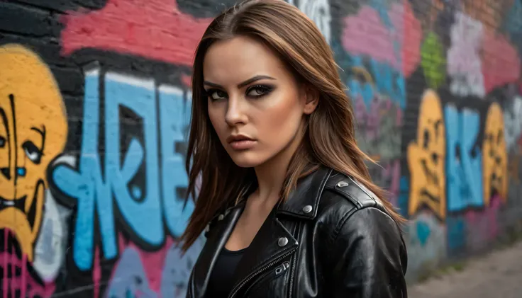 a mean girl, angry expression, glaring eyes, detailed face, long brown hair, heavy makeup, black leather jacket, skinny jeans, black boots, dark moody lighting, cinematic composition, dramatic shadows, desaturated colors, gritty urban environment, graffiti...