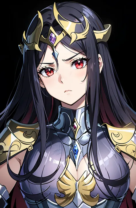 (high-quality, breathtaking),(expressive eyes, perfect face) 1girl, female, solo, adult woman, black color hair, red streaks in hair, crimson red eye color, long hair length, Symmetrical Eyes, portrait, halfbody, upper body, blank stare, gold shoulder pads...