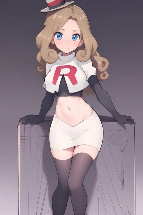 best quality, (masterpiece),(ultra-detailed), (high quality), (high resolution),  1girl, blue eyes, blush stickers, brown hair, curly hair, katrielle layton, long hair, makeup, simple background, solo, toes, top hat, team rocket,team rocket uniform,white s...