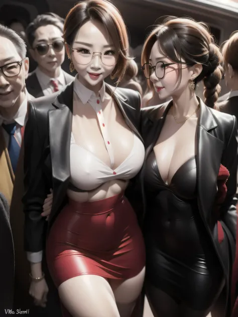 A beautiful woman wearing revealing skirt suit, her elderly husband hugged and kissed her from behind in the crowded crowd, UHD, masterpiece, textured skin, super detail, best quality, 8k.