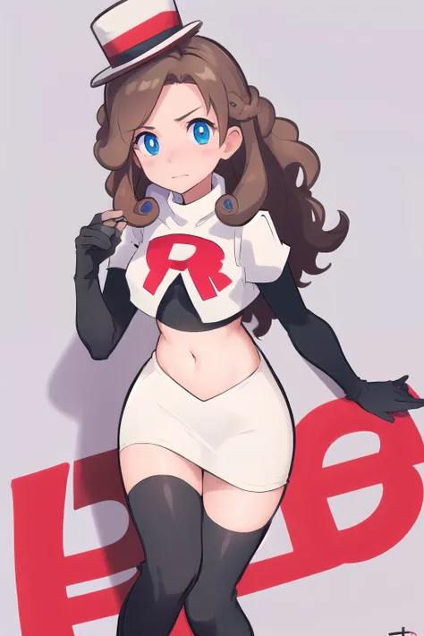 best quality, (masterpiece),(ultra-detailed), (high quality), (high resolution),  1girl, blue eyes, blush stickers, brown hair, curly hair, katrielle layton, long hair, makeup, simple background, solo, toes, top hat, team rocket,team rocket uniform,white s...