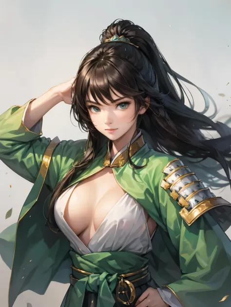   beautiful woman with dark hair ：1.3,  Stunning Character Art , Hanfu,((  pure white background)), ( top quality ),  handsome，Beautiful female knight, 2. 5D CGI fantasy artwork,  detailed digital art , Very nice work of art,  fan Art Best Art Station, ( g...