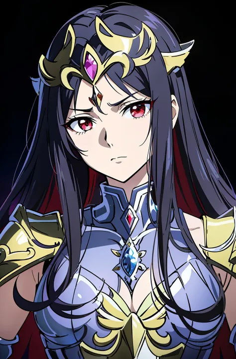 (high-quality, breathtaking),(expressive eyes, perfect face) 1girl, female, solo, adult woman, black color hair, red streaks in hair, crimson red eye color, long hair length, Symmetrical Eyes, portrait, halfbody, upper body, blank stare, gold shoulder pads...