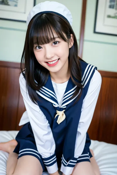 Tabletop, redeem, photorealistic, detailed, high resolution, 8K wallpaper, perfect dynamic composition, beautiful and delicate eyes, medium hair, sailor suit, random dynamic sexy pose, (school sailor suit), laughing,, resort view, 18-year-old Japanese girl...