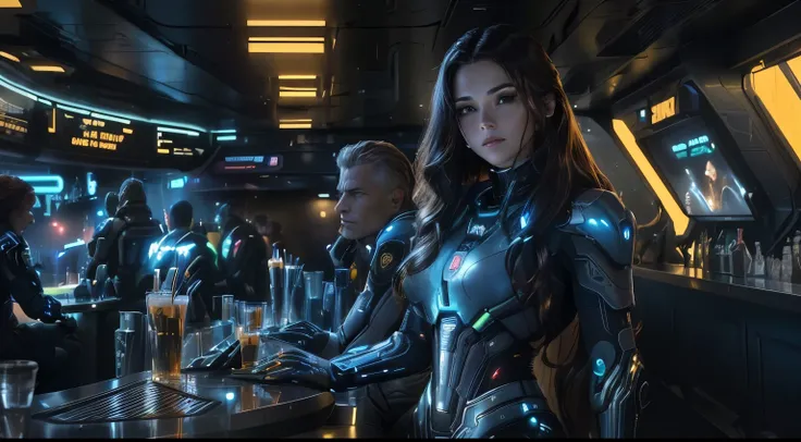 a woman in a futuristic suit stands in front of a bar, in a scifi movie, from a 2 0 1 9 sci fi 8 k movie, depicted as a scifi scene, epic scifi movie still, an epic scifi movie still, sci-fi cinematic movie still, beautiful sci - fi twins, sci-fi movie sti...