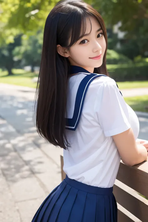  close-up of a woman posing for a photo shoot ,  Japanese Models,  Beautiful Asian Girls, 18 year old female model,  4K、Bans、 dark-haired、Beaver、middle hair、 straight hair 、( white shirt,  sailor school uniform ,  dark blue pleated skirt from the back side...