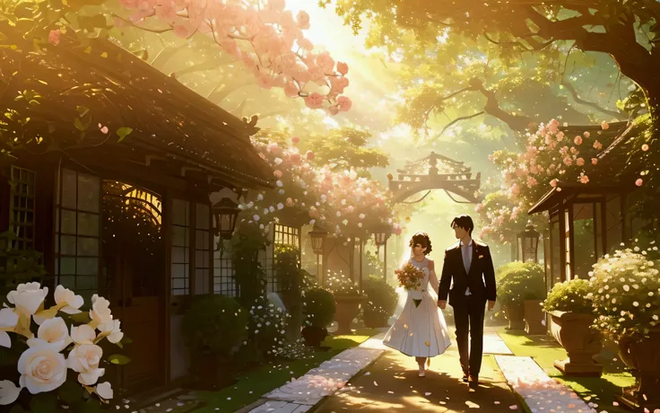  A couple walking through a secret garden, the air fragrant with blooming roses and jasmine, their hands brushing petals as they exchange smiles, sunlight filtering through the leafy canopy