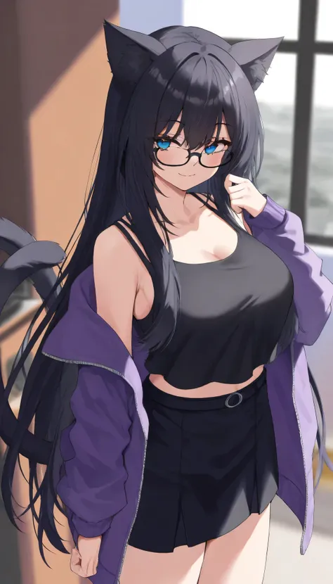 Cat girl 20 year old, Long black hair with dark purple tips, blue eyes, black big cat tail fur, breasts, black glasses, black tank top, black very short skirt, Purple knitted short jacket with off shoulder, Sly smile, standing