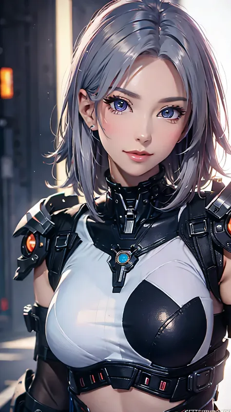 (8k,  photorealistic,  RAW photos , top quality: 1.4), ( 1 girl), super beautiful, ( realistic face), ( boyish ,  silver-colored berry shorthair),  Beautiful Cyberpunk Suit ,  gaze that tempts viewers,  beautiful expression ,  Beautiful breasts, (realistic...