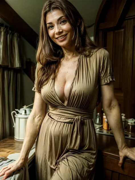 Tara.taintonmasterpiece, best quality, (photorealistic:1.4), full body, (wearing 1970s dress:1.2) tavern, cinematic light, beautiful woman, skinny, medium breasts, dark blond hair, detailed face, smile, facing the camera, photo taken from a distance, age o...