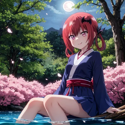 Satanichia McDowell Pure Look
Magenta eyes semi-long red hair
tied with 2 pigtails
Sitting on the edge of a tree
dressed elegantly with a beautiful
long blue dress




Night time
Under the moonlight
Petals falling from trees 
Japanese cherry,
Water current...