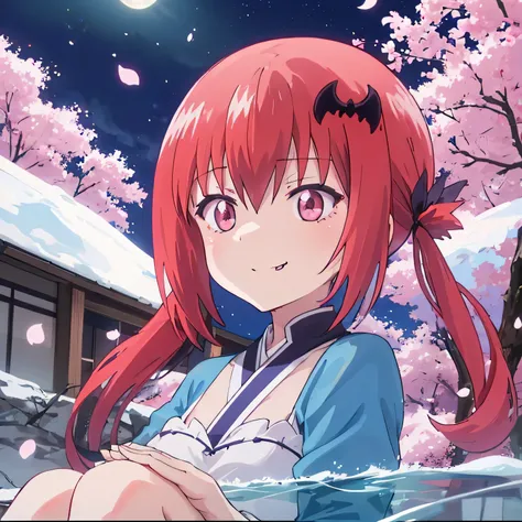 Satanichia McDowell Pure Look
Magenta eyes semi-long red hair
tied with 2 pigtails
Sitting on the edge of a tree
dressed elegantly with a beautiful
long blue dress




Night time
Under the moonlight
Petals falling from trees 
Japanese cherry,
Water current...