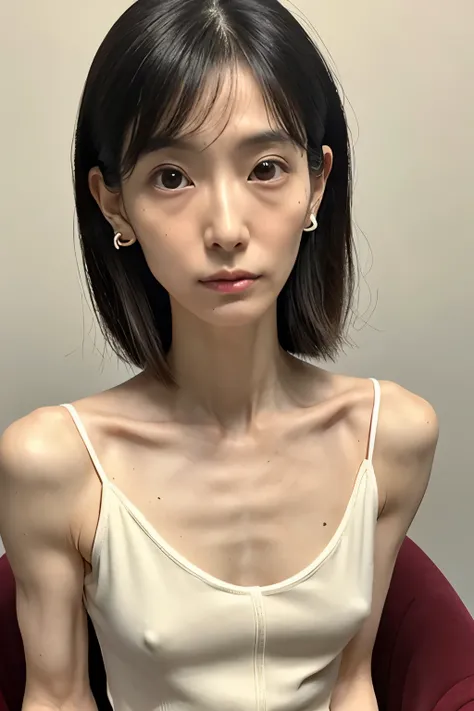 (Photorealistic),(Masterpiece),(ultra-detailed), a full shot of a very beautiful, very extremely veiny and extremely thin anorexic mature old Japanese woman who is literally just skin and bones because of being severely malnourished and looks so fragile an...