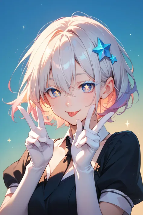 masterpiece, best quality, upper body, solo, 1other, d1am0nd, aihsnpose, smile, tongue out, double v, star-shaped pupils, white skin, crystal hair, colored eyelashes, multicolored eyes, multicolored hair, short hair, hair between eyes, black shirt, puffy s...