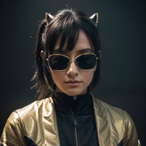 wearing gold frame reflective sunglasses {x} cyberpunk, black, golden and silver silk in the moonlight, big horn, go down the mountain tiger, knelt down on one knee: 6 miniature model ， wear gold frame reflective sunglasses ， Rouge complexion， very happy ，...