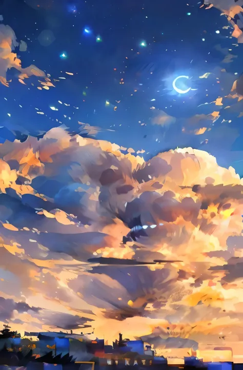 "Split scene artwork capturing night and dawn in a vertical composition. The upper half features a serene night sky with deep blue tones, scattered stars, and soft, glowing clouds surrounding a large, stylized full moon. The lower half transitions into a t...