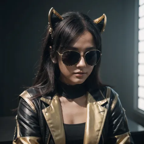 wearing gold frame reflective sunglasses {x} cyberpunk, black, golden and silver silk in the moonlight, big horn, go down the mountain tiger, knelt down on one knee: 6 miniature model ， wear gold frame reflective sunglasses ， Rouge complexion， very happy ，...